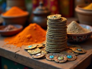 A stack of golden coins with blue eye symbol on a wooden table